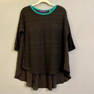 NWT P Luca Milano Black Textured Green Trim Hi Lo Chiffon Back Tunic Top Sz M